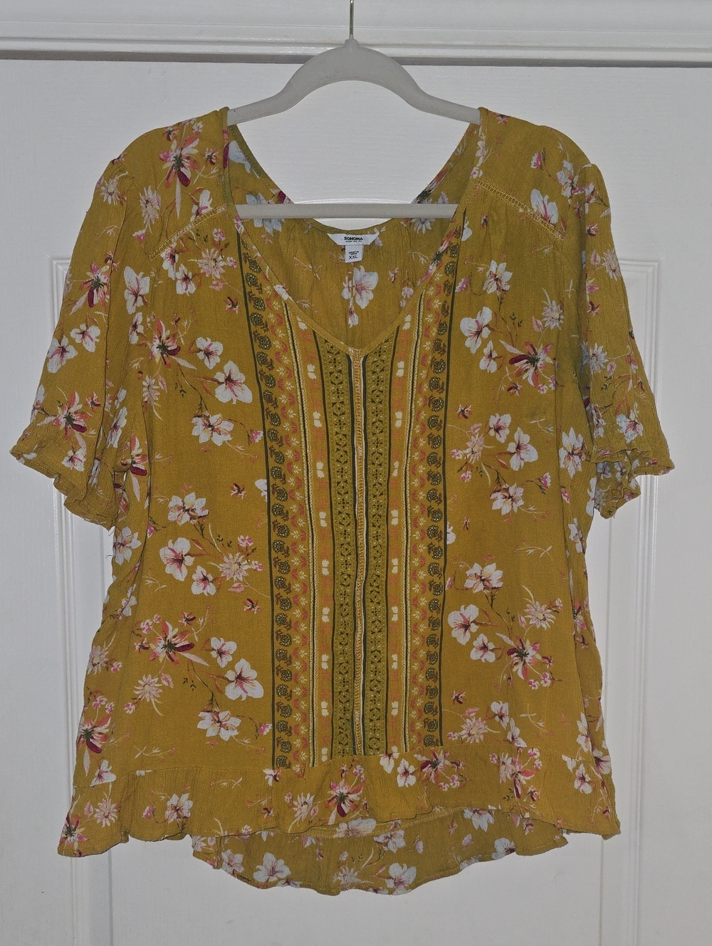 Sonoma Mustard Floral V-Neck Short Sleeve Blouse